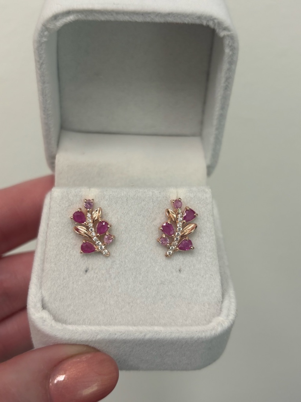 Elegant Natural Pink Ruby 2x3mm Pear & Round Floral 14K Rose Gold Stud Earrings